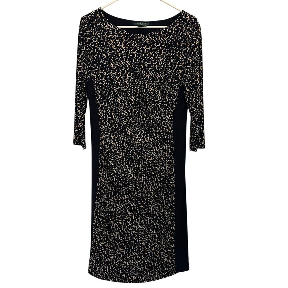 Lauren Ralph Lauren Black Brown Animal Print Stretchy‎ Midi Career Dress Size 12